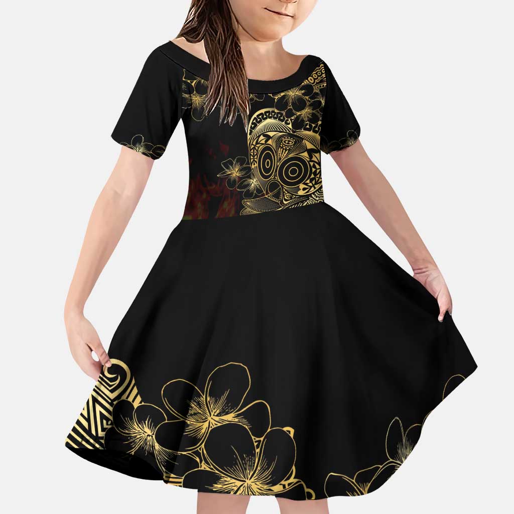 Frangipani Festival Rabaul Family Matching Puletasi and Hawaiian Shirt PNG Tribal Baining Mask Tattoo LT14 Daughter's Dress Black - Polynesian Pride