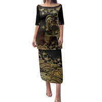 Frangipani Festival Rabaul Family Matching Puletasi and Hawaiian Shirt PNG Tribal Baining Mask Tattoo LT14 Mom's Dress Black - Polynesian Pride