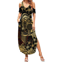 Frangipani Festival Rabaul Family Matching Summer Maxi Dress and Hawaiian Shirt PNG Tribal Baining Mask Tattoo LT14 Mom's Dress Black - Polynesian Pride