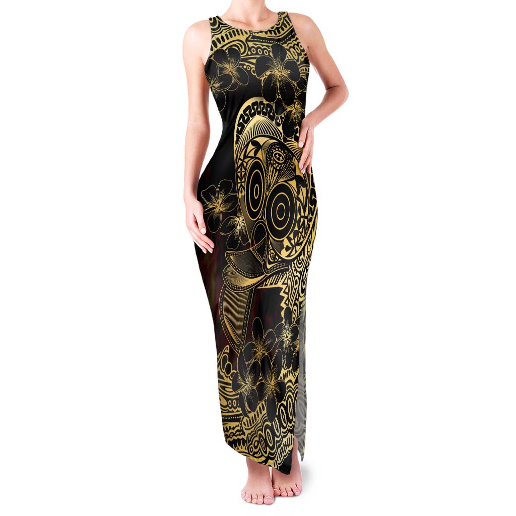 Frangipani Festival Rabaul Family Matching Tank Maxi Dress and Hawaiian Shirt PNG Tribal Baining Mask Tattoo LT14 Mom's Dress Black - Polynesian Pride