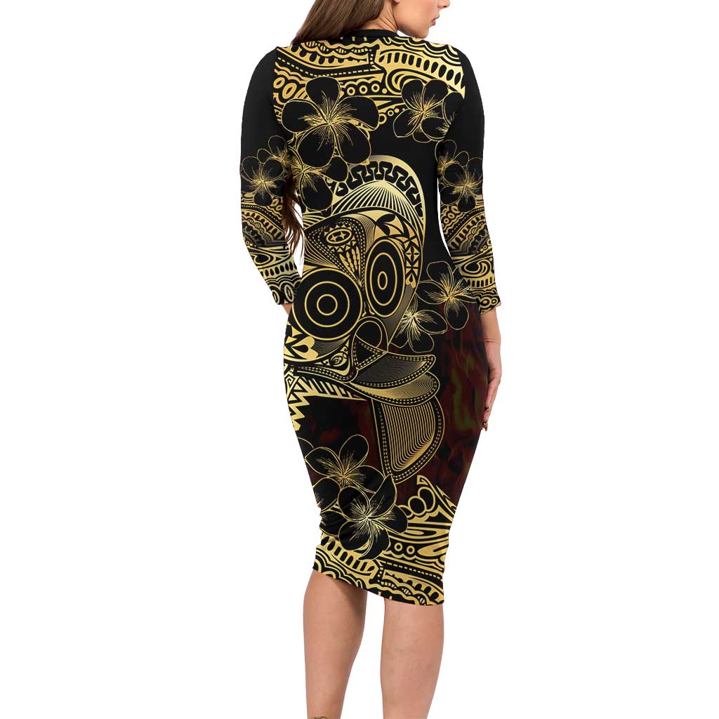 Frangipani Festival Rabaul Long Sleeve Bodycon Dress PNG Tribal Baining Mask Tattoo LT14 - Polynesian Pride
