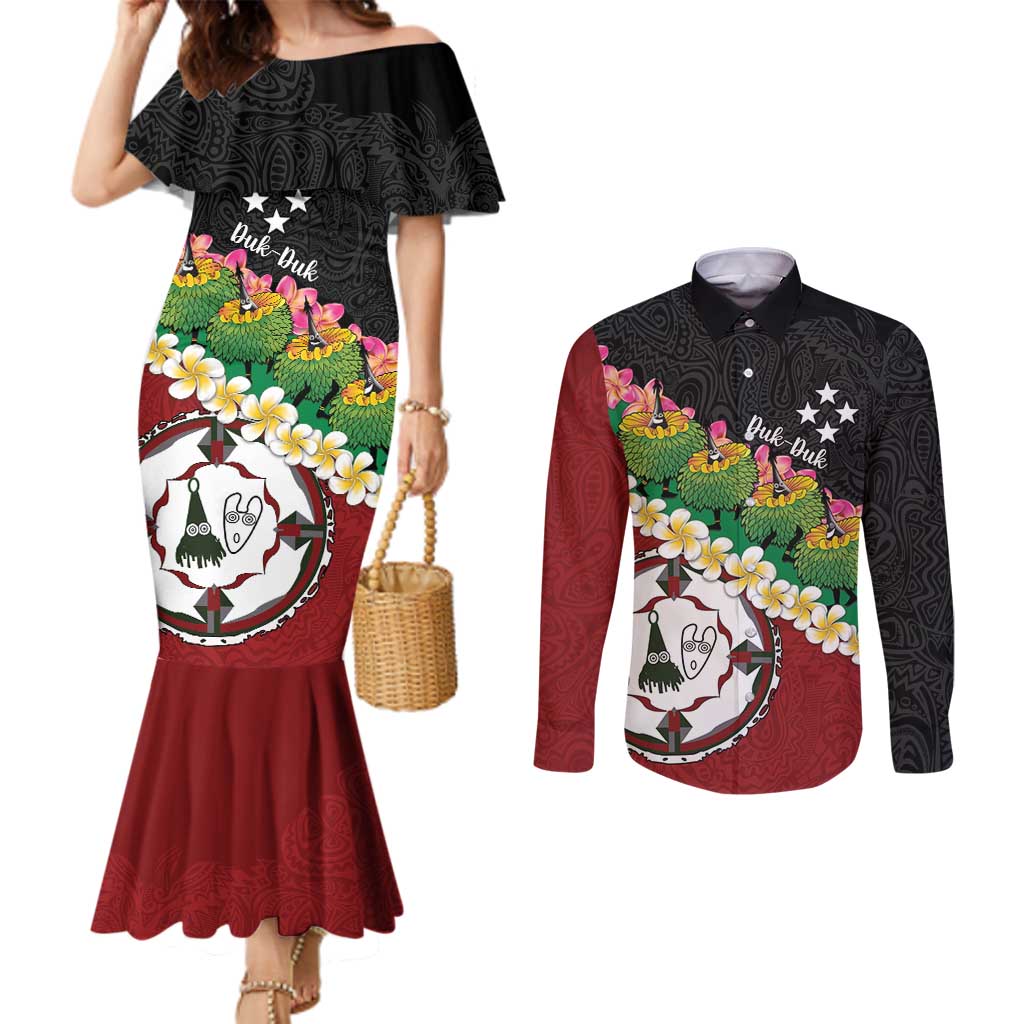 Frangipani Festival Rabaul East New Britain Couples Matching Mermaid Dress and Long Sleeve Button Shirt Dukduk Dance With Plumeria LT14 Red - Polynesian Pride