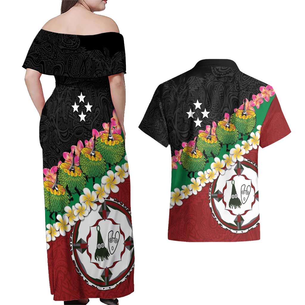 Frangipani Festival Rabaul East New Britain Couples Matching Off Shoulder Maxi Dress and Hawaiian Shirt Dukduk Dance With Plumeria LT14 - Polynesian Pride