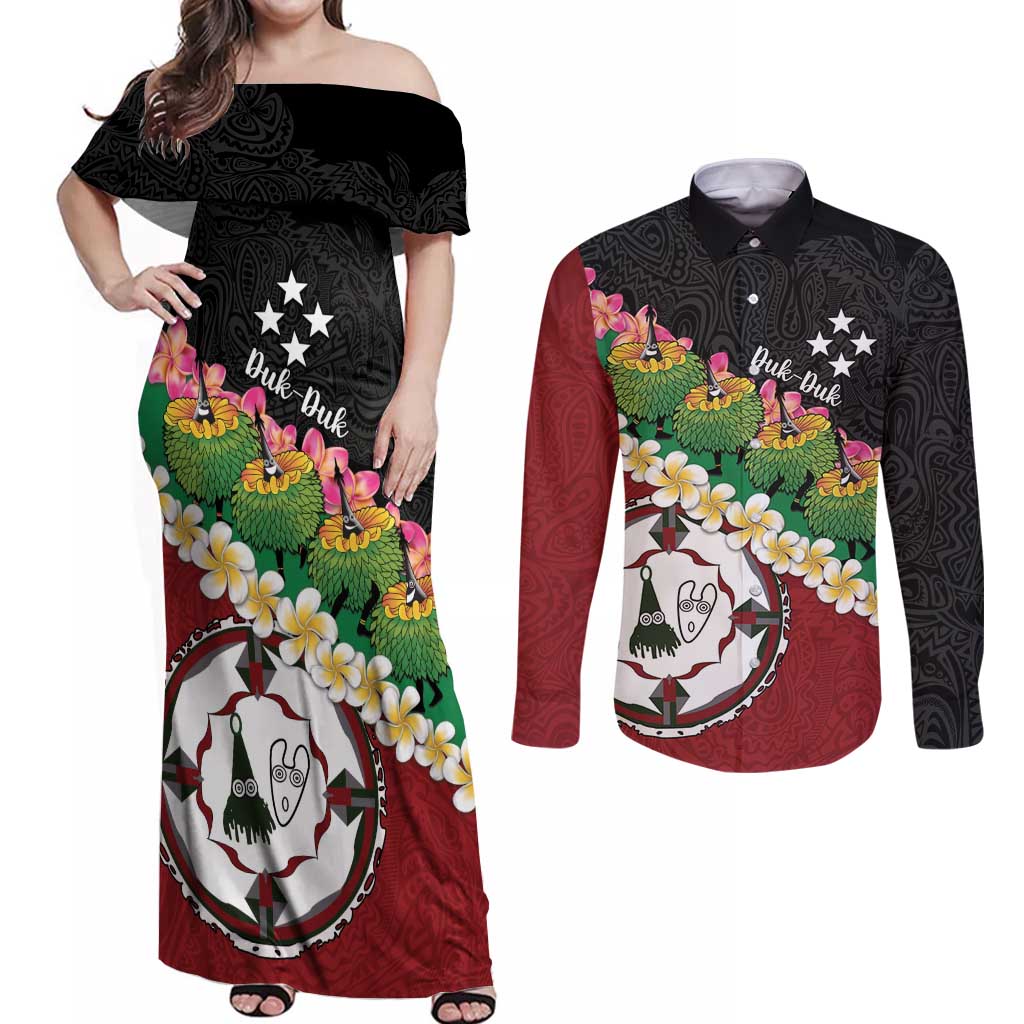 Frangipani Festival Rabaul East New Britain Couples Matching Off Shoulder Maxi Dress and Long Sleeve Button Shirt Dukduk Dance With Plumeria LT14 Red - Polynesian Pride