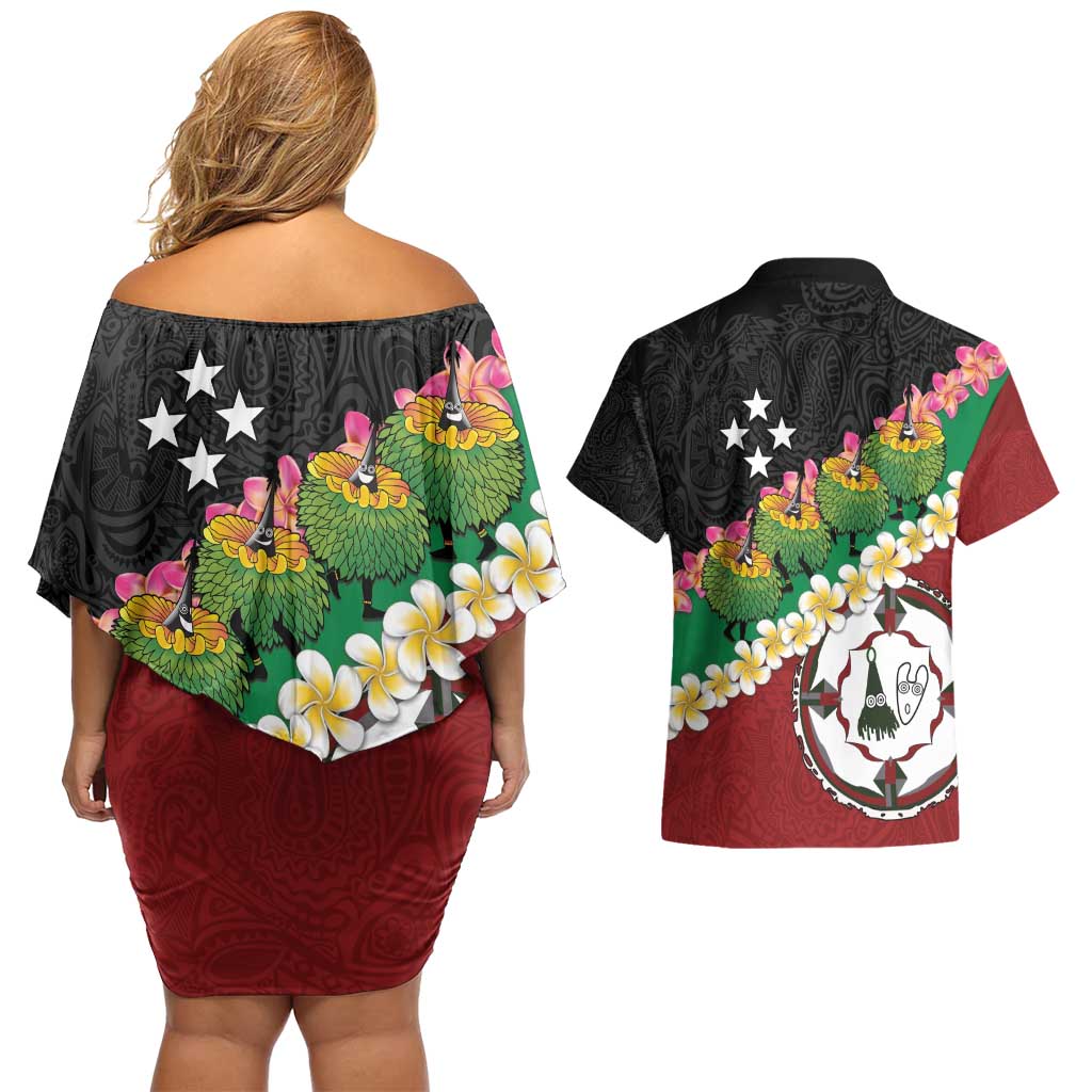 Frangipani Festival Rabaul East New Britain Couples Matching Off Shoulder Short Dress and Hawaiian Shirt Dukduk Dance With Plumeria LT14 - Polynesian Pride