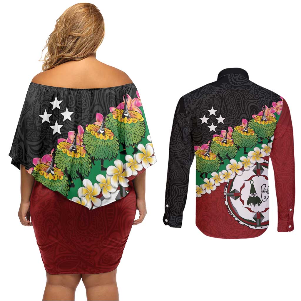 Frangipani Festival Rabaul East New Britain Couples Matching Off Shoulder Short Dress and Long Sleeve Button Shirt Dukduk Dance With Plumeria LT14 - Polynesian Pride