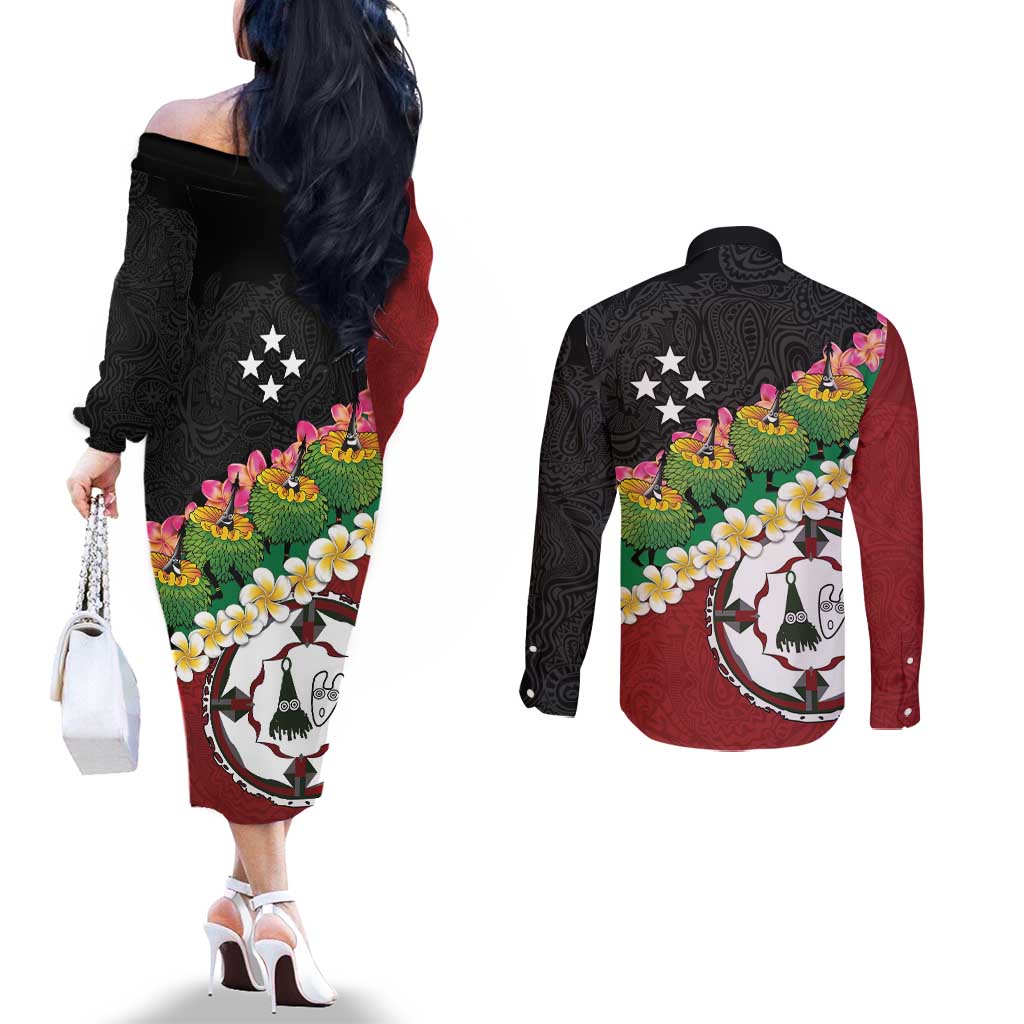 Frangipani Festival Rabaul East New Britain Couples Matching Off The Shoulder Long Sleeve Dress and Long Sleeve Button Shirt Dukduk Dance With Plumeria LT14 - Polynesian Pride