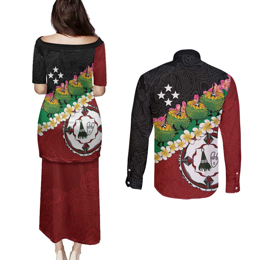 Frangipani Festival Rabaul East New Britain Couples Matching Puletasi and Long Sleeve Button Shirt Dukduk Dance With Plumeria LT14 - Polynesian Pride