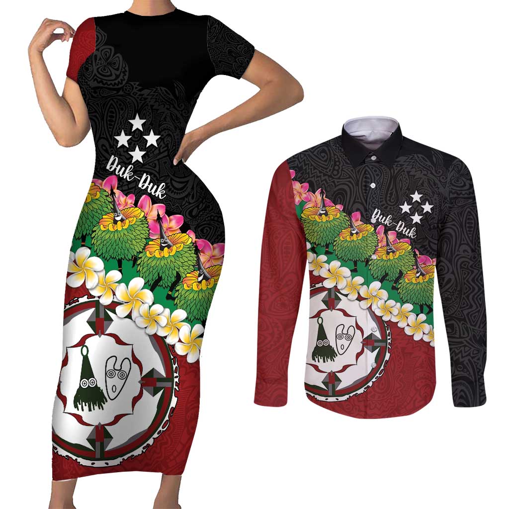 Frangipani Festival Rabaul East New Britain Couples Matching Short Sleeve Bodycon Dress and Long Sleeve Button Shirt Dukduk Dance With Plumeria LT14 Red - Polynesian Pride