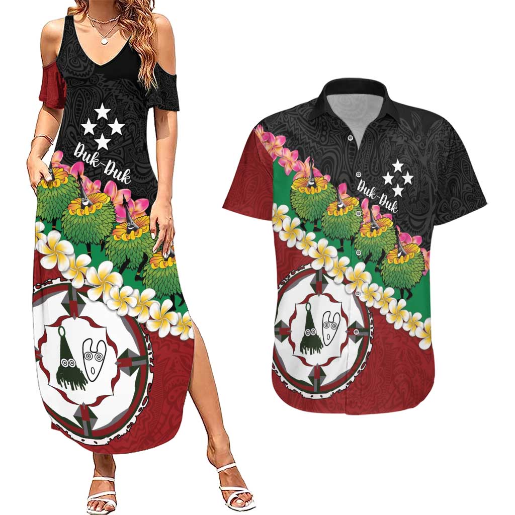 Frangipani Festival Rabaul East New Britain Couples Matching Summer Maxi Dress and Hawaiian Shirt Dukduk Dance With Plumeria LT14 Red - Polynesian Pride