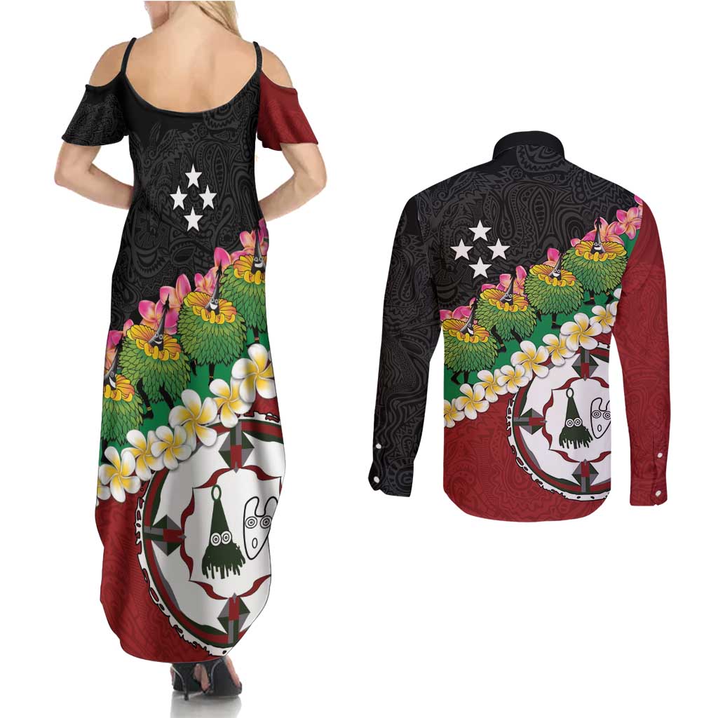 Frangipani Festival Rabaul East New Britain Couples Matching Summer Maxi Dress and Long Sleeve Button Shirt Dukduk Dance With Plumeria LT14 - Polynesian Pride