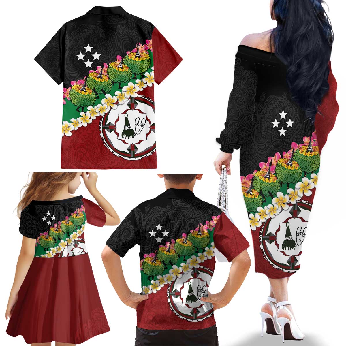 Frangipani Festival Rabaul East New Britain Family Matching Off The Shoulder Long Sleeve Dress and Hawaiian Shirt Dukduk Dance With Plumeria LT14 - Polynesian Pride