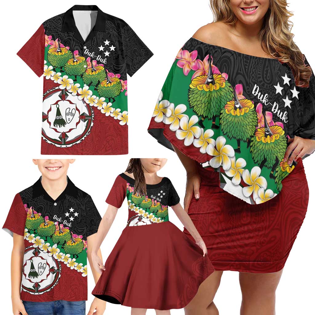 Frangipani Festival Rabaul East New Britain Family Matching Off Shoulder Short Dress and Hawaiian Shirt Dukduk Dance With Plumeria LT14 - Polynesian Pride