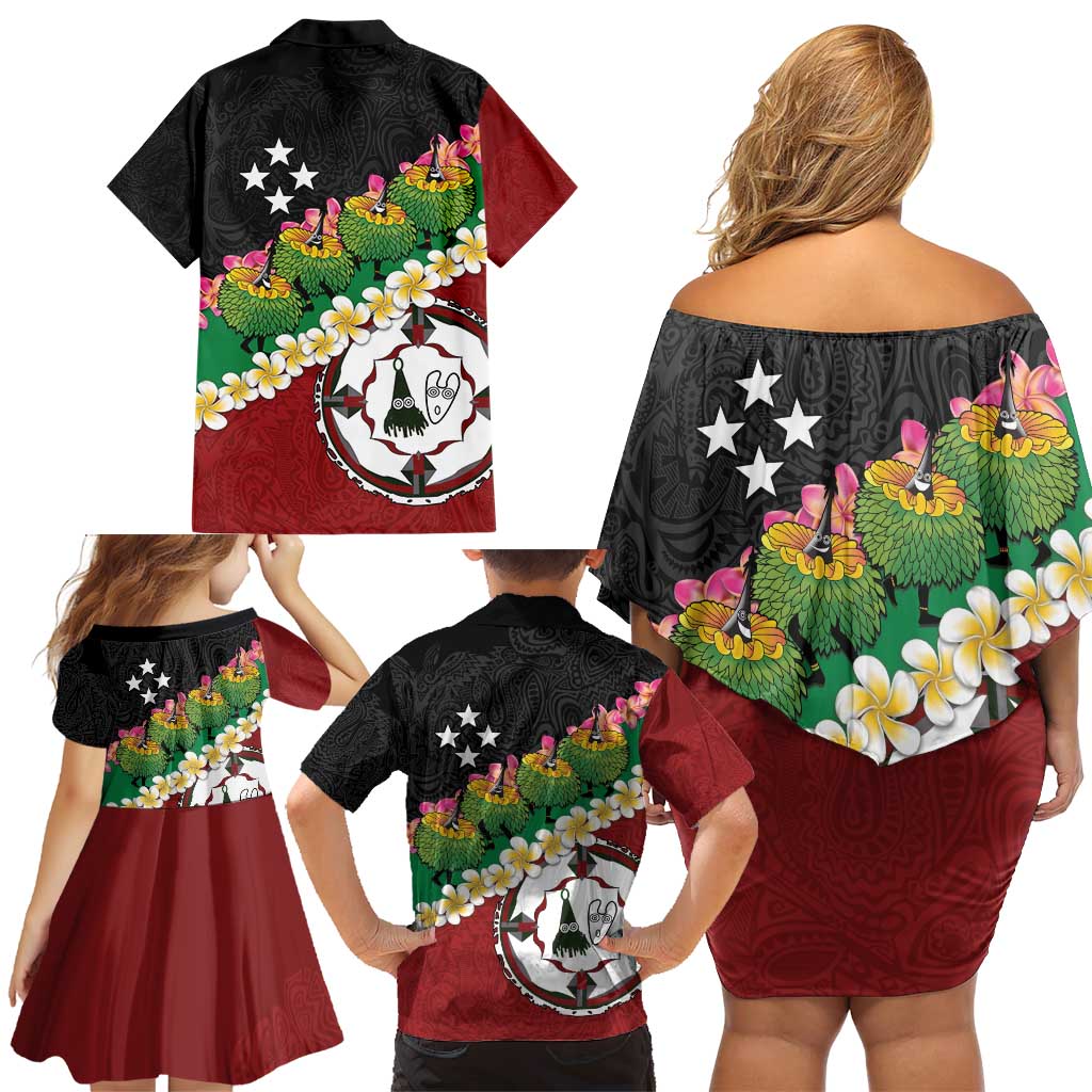 Frangipani Festival Rabaul East New Britain Family Matching Off Shoulder Short Dress and Hawaiian Shirt Dukduk Dance With Plumeria LT14 - Polynesian Pride