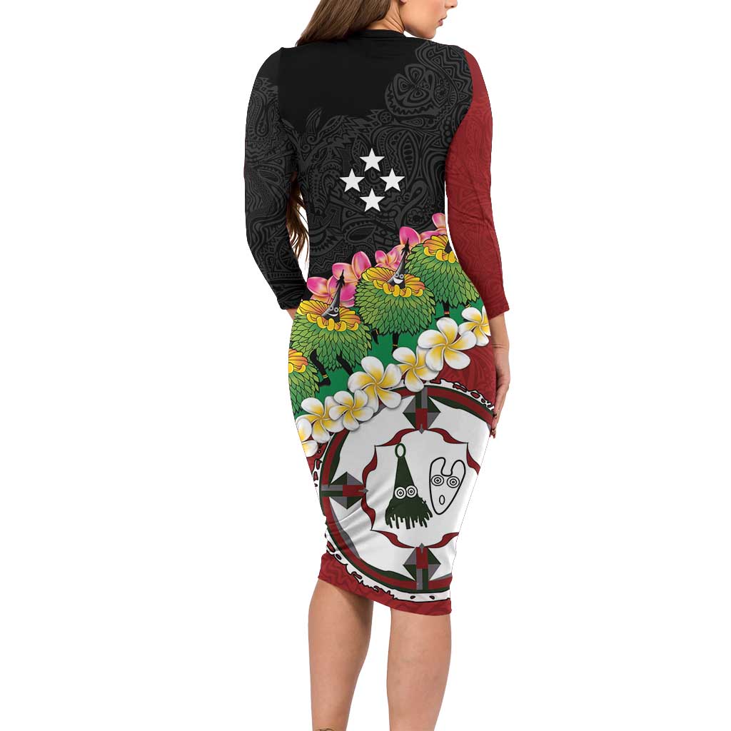 Frangipani Festival Rabaul East New Britain Long Sleeve Bodycon Dress Dukduk Dance With Plumeria LT14 - Polynesian Pride