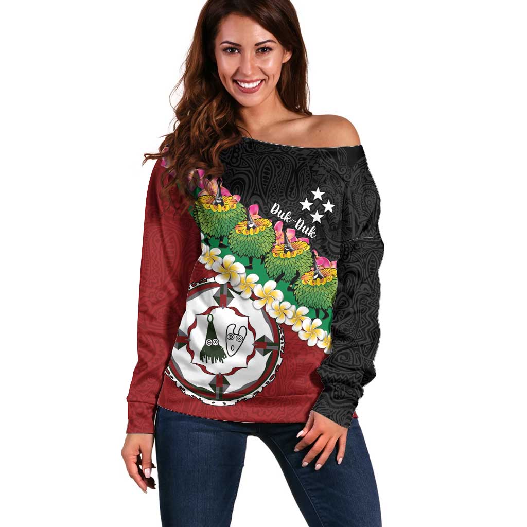 Frangipani Festival Rabaul East New Britain Off Shoulder Sweater Dukduk Dance With Plumeria - Polynesian Pride