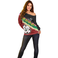 Frangipani Festival Rabaul East New Britain Off Shoulder Sweater Dukduk Dance With Plumeria - Polynesian Pride
