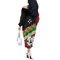 Frangipani Festival Rabaul East New Britain Off The Shoulder Long Sleeve Dress Dukduk Dance With Plumeria LT14 - Polynesian Pride