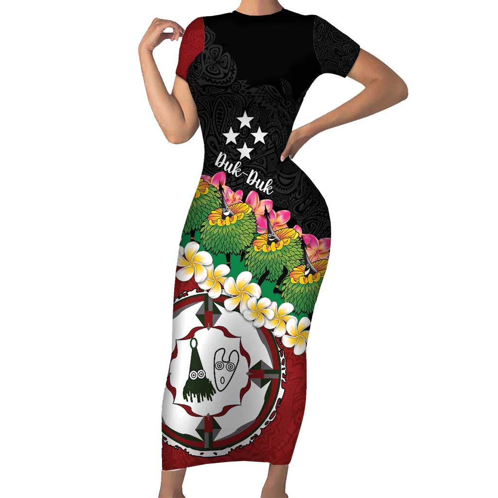 Frangipani Festival Rabaul East New Britain Short Sleeve Bodycon Dress Dukduk Dance With Plumeria LT14 Long Dress Red - Polynesian Pride