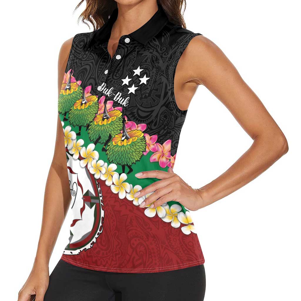 Frangipani Festival Rabaul East New Britain Women Sleeveless Polo Shirt Dukduk Dance With Plumeria - Polynesian Pride
