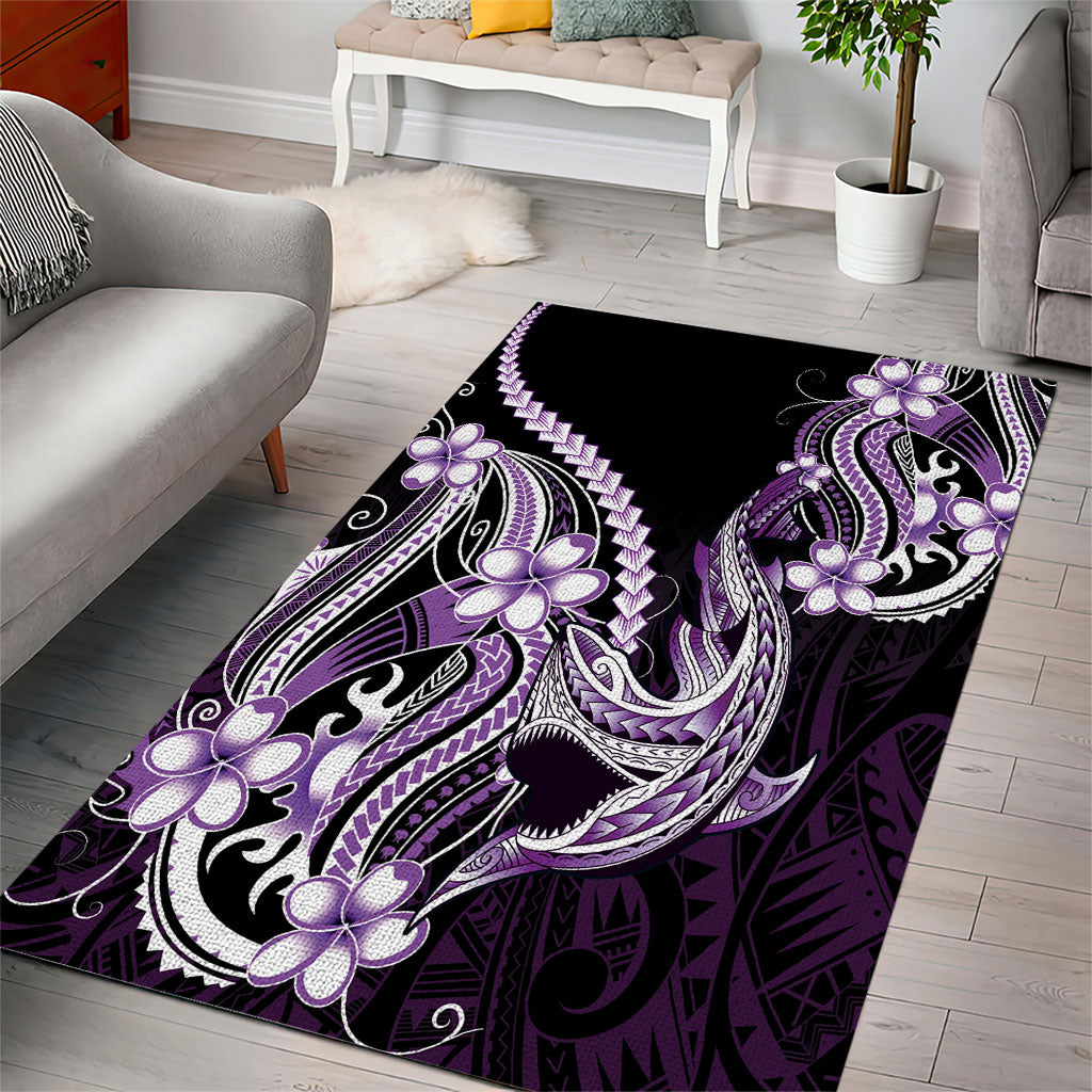 Purple Black Aloha Hawaii Area Rug Polynesian Shark Tattoo Plumeria