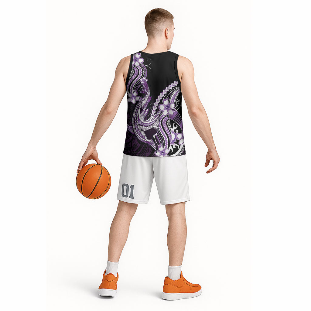 Purple Black Aloha Hawaii Basketball Jersey Polynesian Shark Tattoo Plumeria