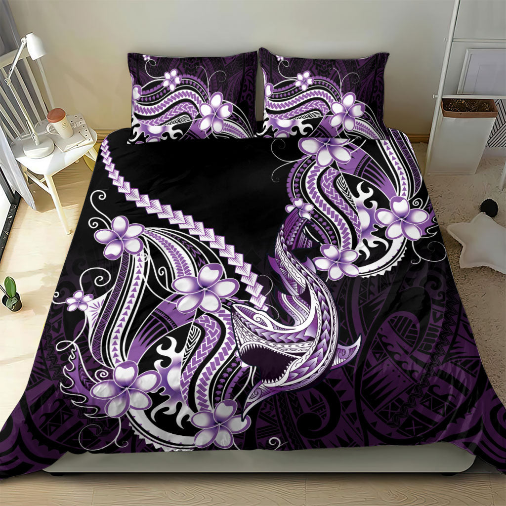 Purple Black Aloha Hawaii Bedding Set Polynesian Shark Tattoo Plumeria