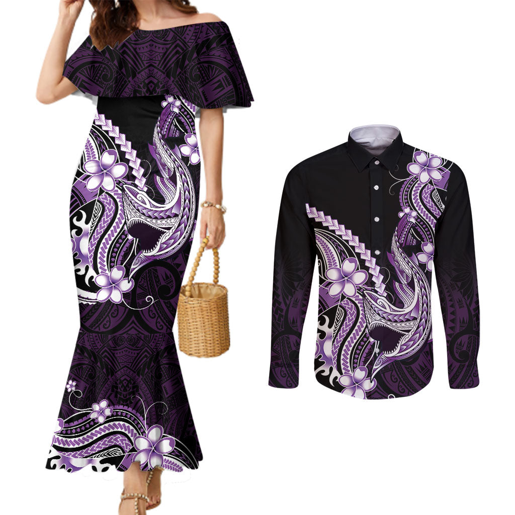 Purple Black Aloha Hawaii Couples Matching Mermaid Dress and Long Sleeve Button Shirt Polynesian Shark Tattoo Plumeria