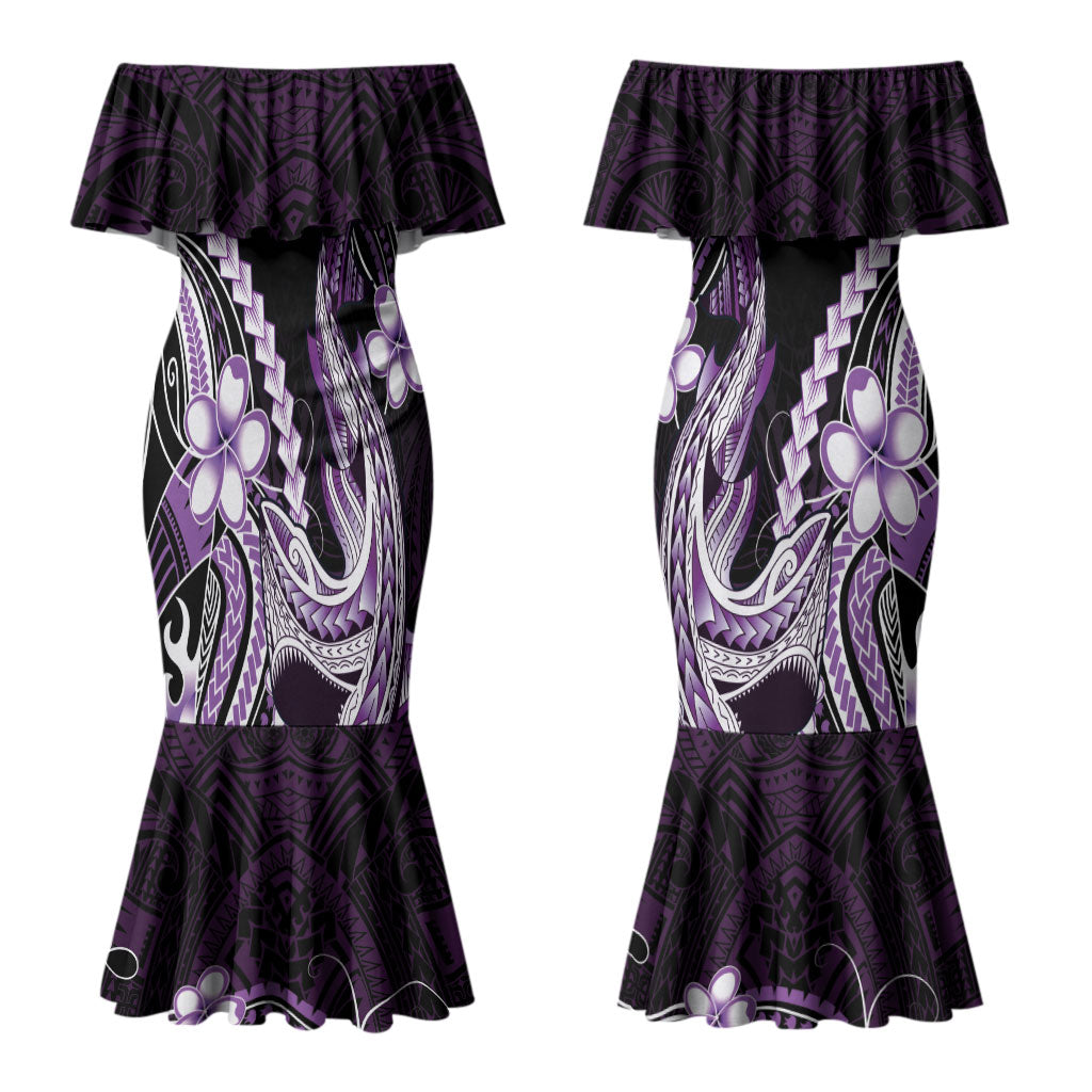 Purple Black Aloha Hawaii Couples Matching Mermaid Dress and Long Sleeve Button Shirt Polynesian Shark Tattoo Plumeria LT14 - Polynesian Pride