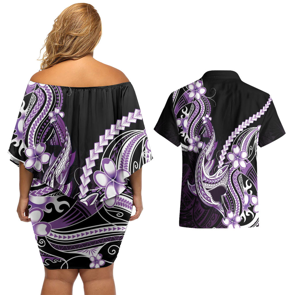Purple Black Aloha Hawaii Couples Matching Off Shoulder Short Dress and Hawaiian Shirt Polynesian Shark Tattoo Plumeria LT14 - Polynesian Pride