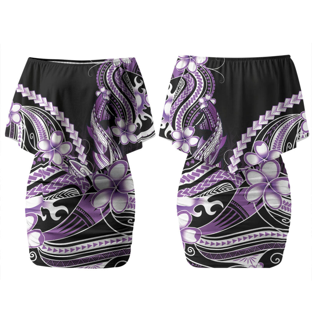 Purple Black Aloha Hawaii Couples Matching Off Shoulder Short Dress and Long Sleeve Button Shirt Polynesian Shark Tattoo Plumeria LT14 - Polynesian Pride