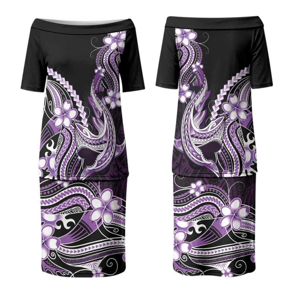 Purple Black Aloha Hawaii Couples Matching Puletasi and Hawaiian Shirt Polynesian Shark Tattoo Plumeria LT14 - Polynesian Pride