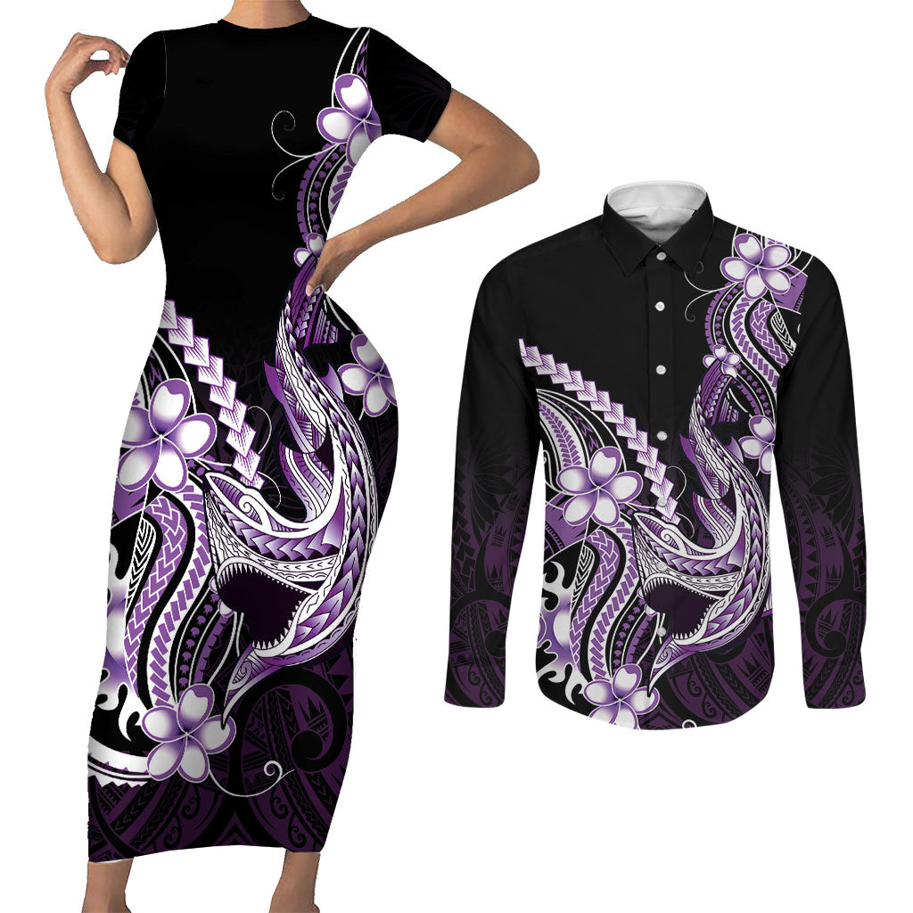 Purple Black Aloha Hawaii Couples Matching Short Sleeve Bodycon Dress and Long Sleeve Button Shirt Polynesian Shark Tattoo Plumeria LT14 Purple - Polynesian Pride