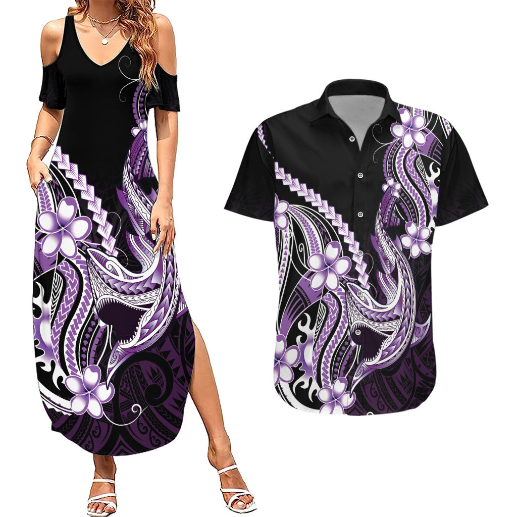 Purple Black Aloha Hawaii Couples Matching Summer Maxi Dress and Hawaiian Shirt Polynesian Shark Tattoo Plumeria LT14 Purple - Polynesian Pride