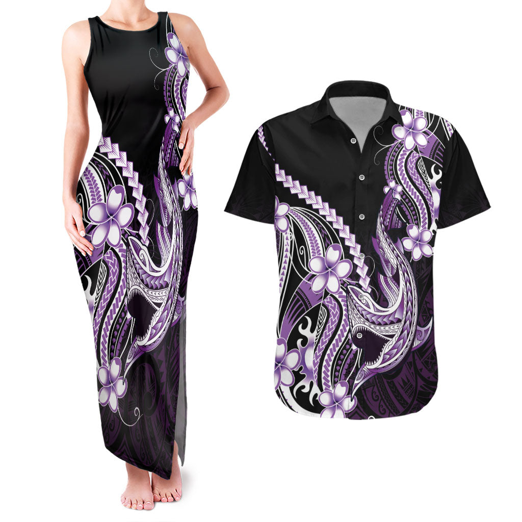 Purple Black Aloha Hawaii Couples Matching Tank Maxi Dress and Hawaiian Shirt Polynesian Shark Tattoo Plumeria