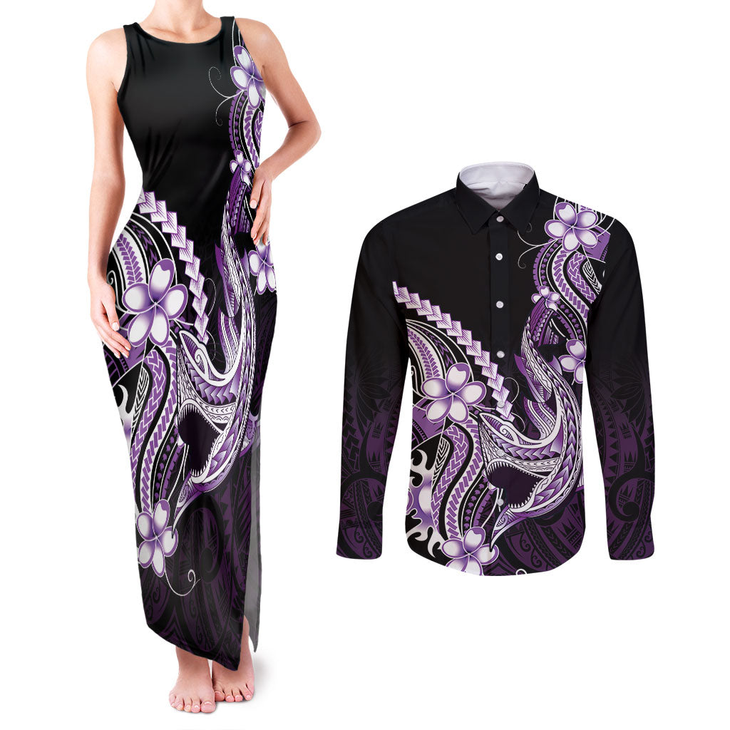 Purple Black Aloha Hawaii Couples Matching Tank Maxi Dress and Long Sleeve Button Shirt Polynesian Shark Tattoo Plumeria