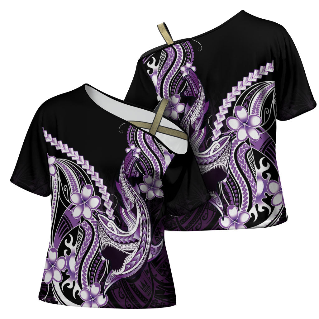 Purple Black Aloha Hawaii Cross Shoulder Shirt Polynesian Shark Tattoo Plumeria