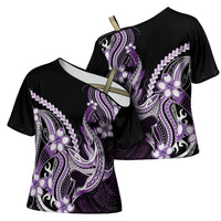 Purple Black Aloha Hawaii Cross Shoulder Shirt Polynesian Shark Tattoo Plumeria