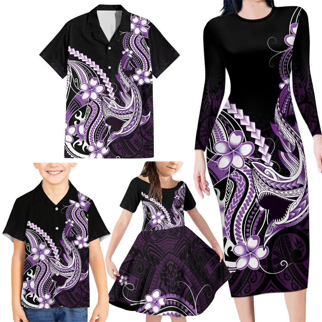 Purple Black Aloha Hawaii Family Matching Long Sleeve Bodycon Dress and Hawaiian Shirt Polynesian Shark Tattoo Plumeria LT14 - Polynesian Pride