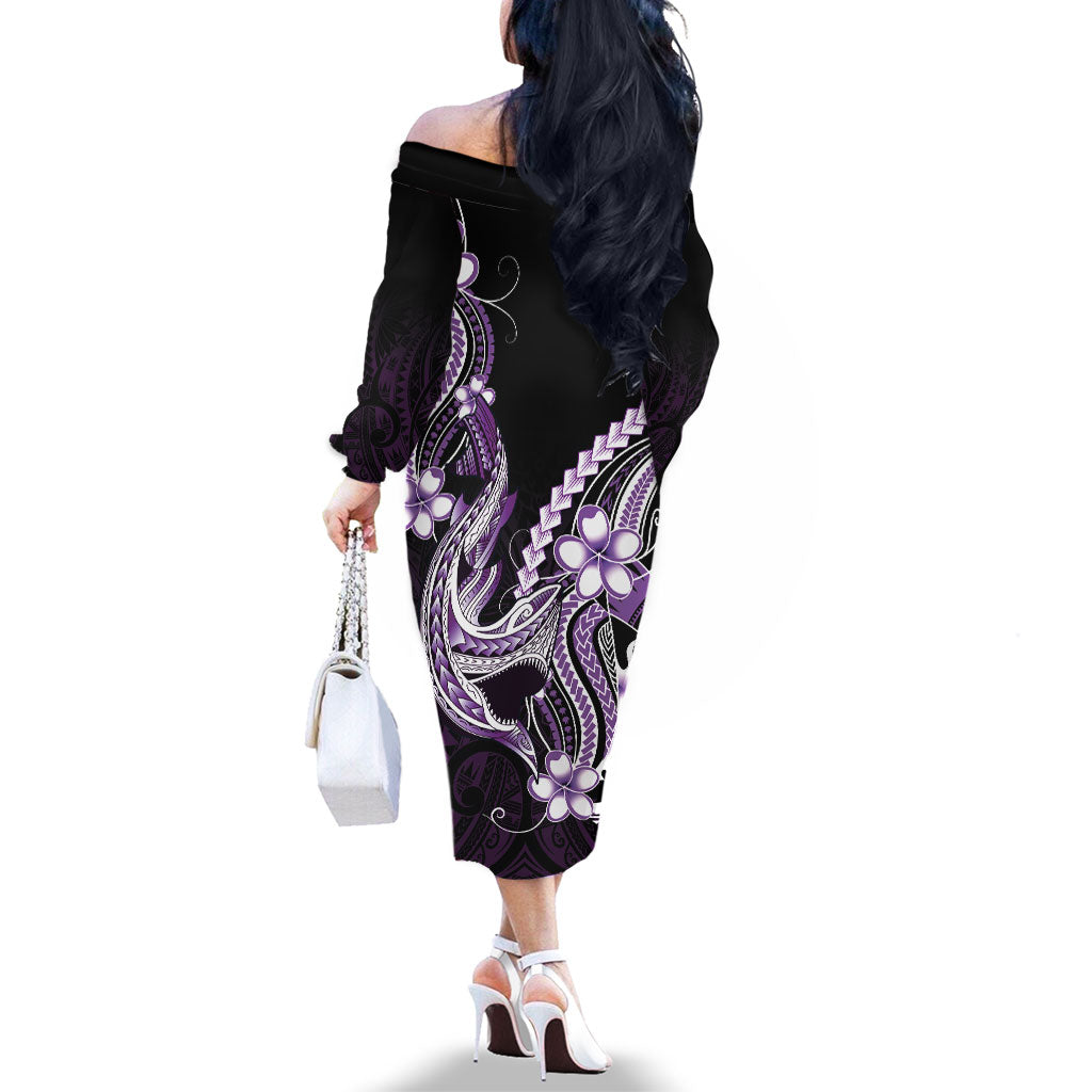 Purple Black Aloha Hawaii Family Matching Off The Shoulder Long Sleeve Dress and Hawaiian Shirt Polynesian Shark Tattoo Plumeria LT14 - Polynesian Pride