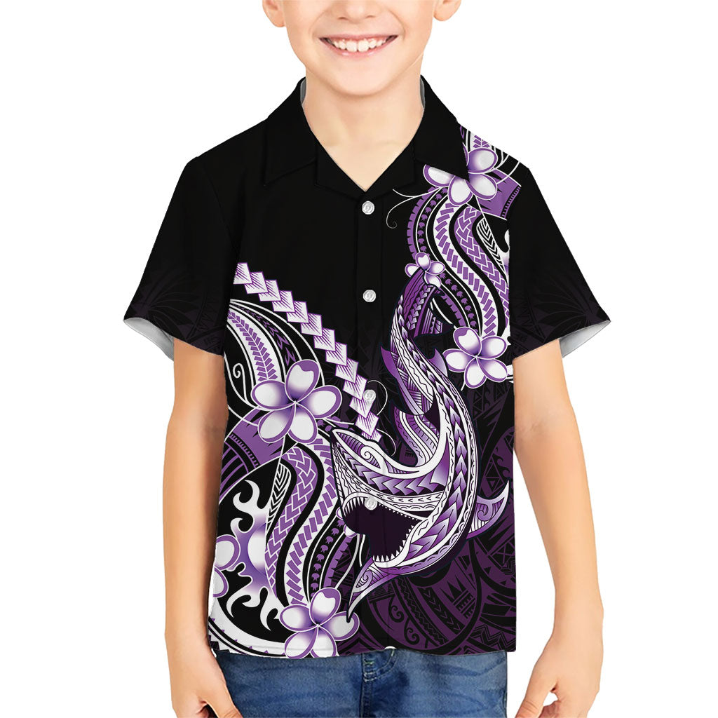 Purple Black Aloha Hawaii Family Matching Off The Shoulder Long Sleeve Dress and Hawaiian Shirt Polynesian Shark Tattoo Plumeria LT14 Son's Shirt Purple - Polynesian Pride