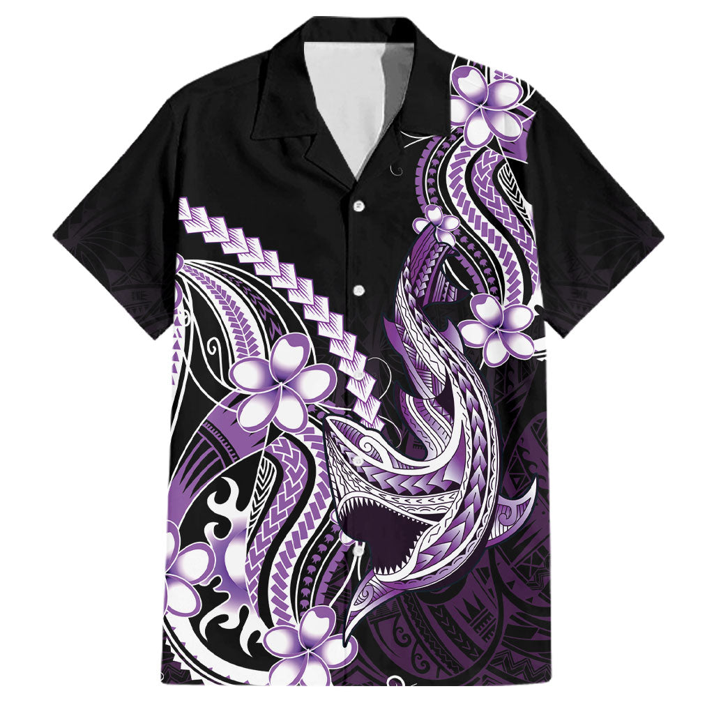 Purple Black Aloha Hawaii Family Matching Off Shoulder Maxi Dress and Hawaiian Shirt Polynesian Shark Tattoo Plumeria LT14 Dad's Shirt - Short Sleeve Purple - Polynesian Pride