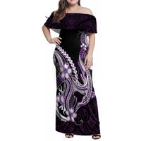 Purple Black Aloha Hawaii Family Matching Off Shoulder Maxi Dress and Hawaiian Shirt Polynesian Shark Tattoo Plumeria LT14 Mom's Dress Purple - Polynesian Pride