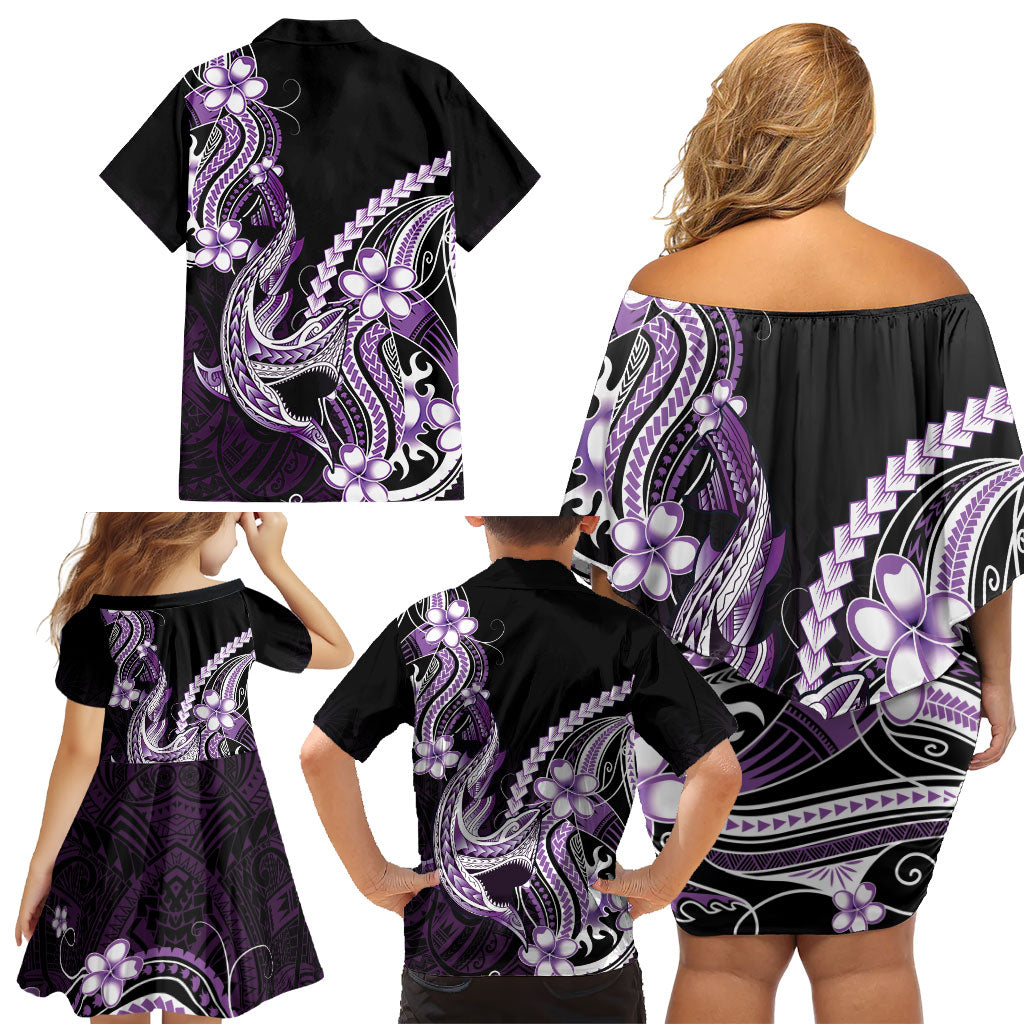 Purple Black Aloha Hawaii Family Matching Off Shoulder Short Dress and Hawaiian Shirt Polynesian Shark Tattoo Plumeria LT14 - Polynesian Pride