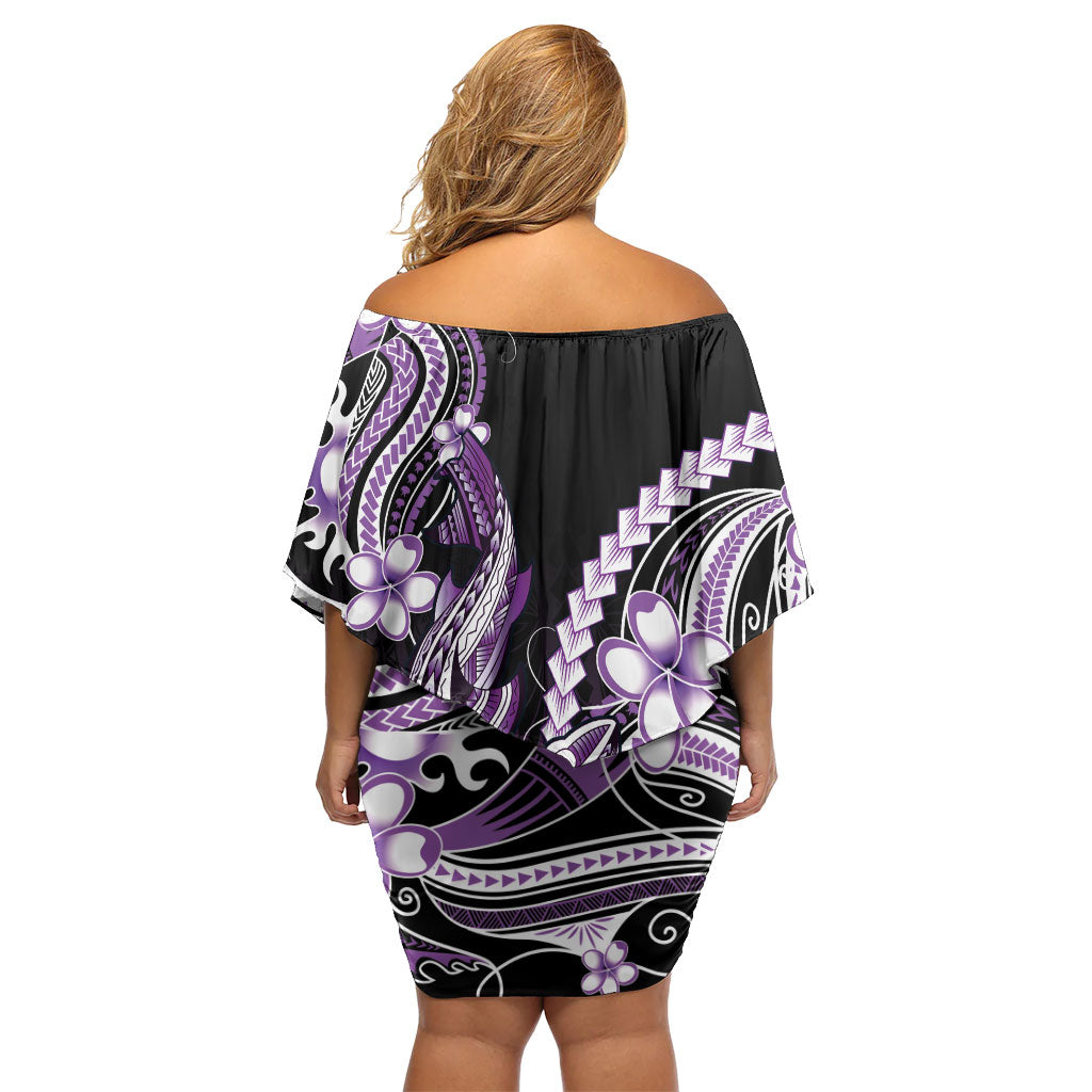 Purple Black Aloha Hawaii Family Matching Off Shoulder Short Dress and Hawaiian Shirt Polynesian Shark Tattoo Plumeria LT14 - Polynesian Pride