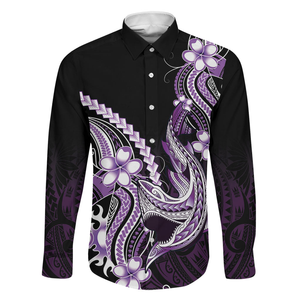 Purple Black Aloha Hawaii Family Matching Summer Maxi Dress and Hawaiian Shirt Polynesian Shark Tattoo Plumeria LT14 Dad's Shirt - Long Sleeve Purple - Polynesian Pride