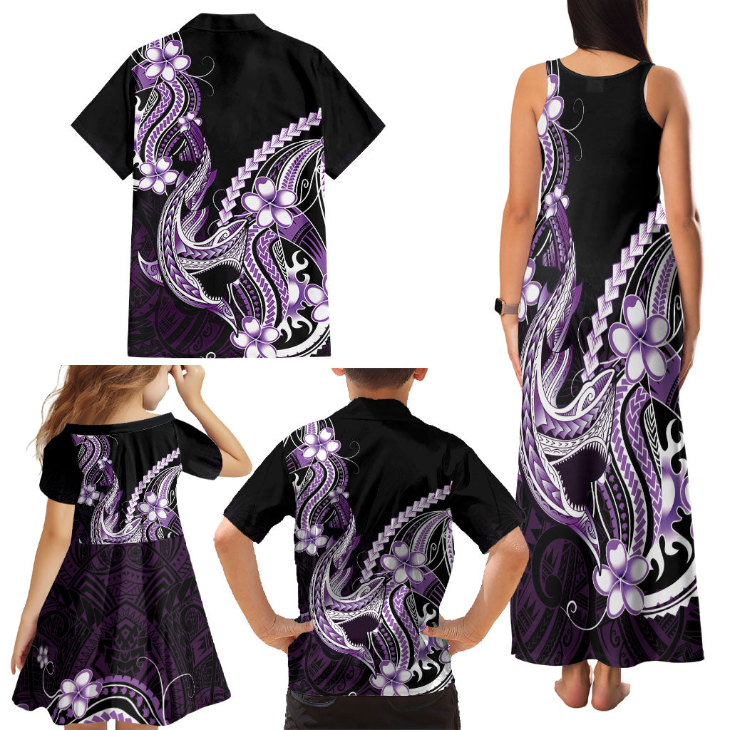 Purple Black Aloha Hawaii Family Matching Tank Maxi Dress and Hawaiian Shirt Polynesian Shark Tattoo Plumeria LT14 - Polynesian Pride