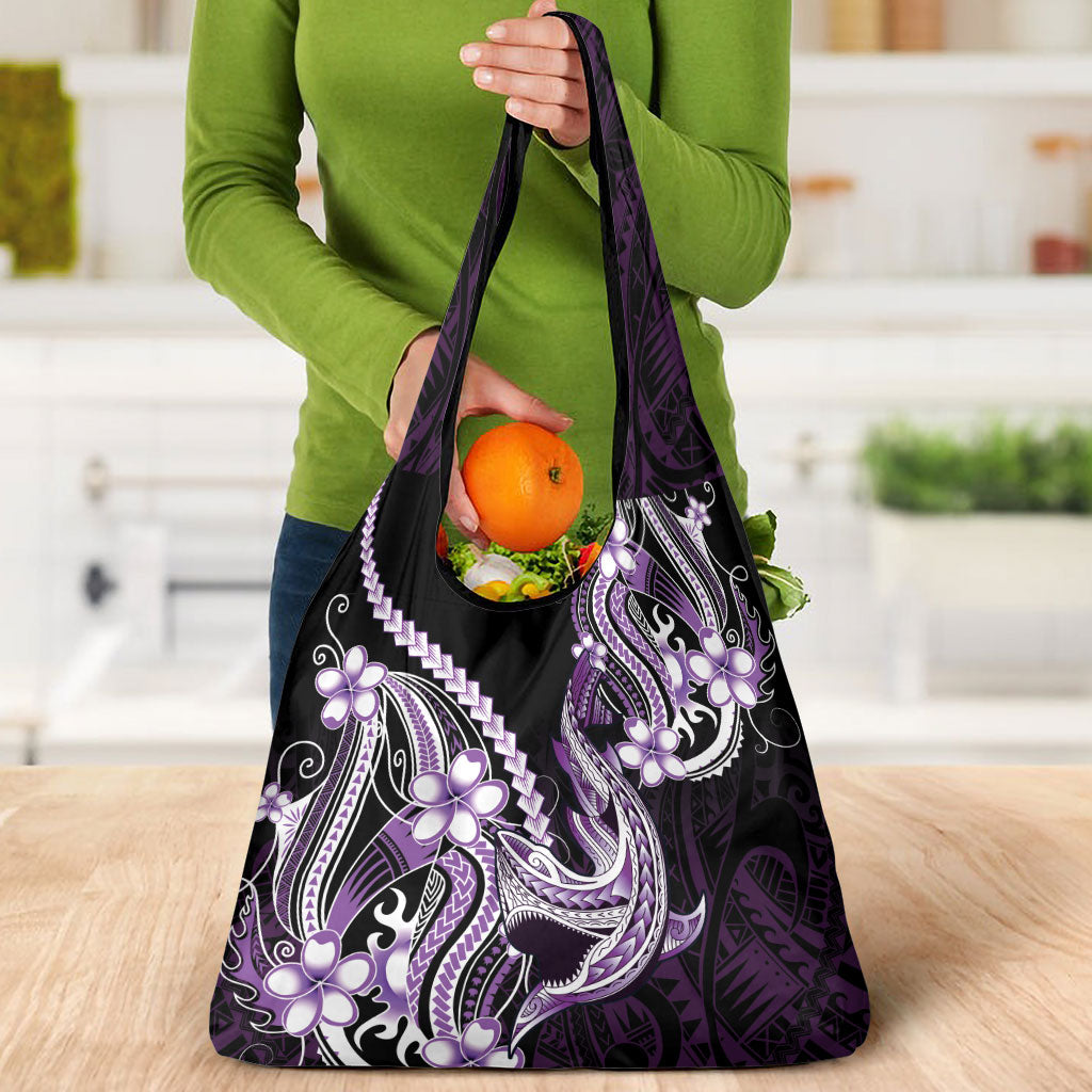 Purple Black Aloha Hawaii Grocery Bag Polynesian Shark Tattoo Plumeria