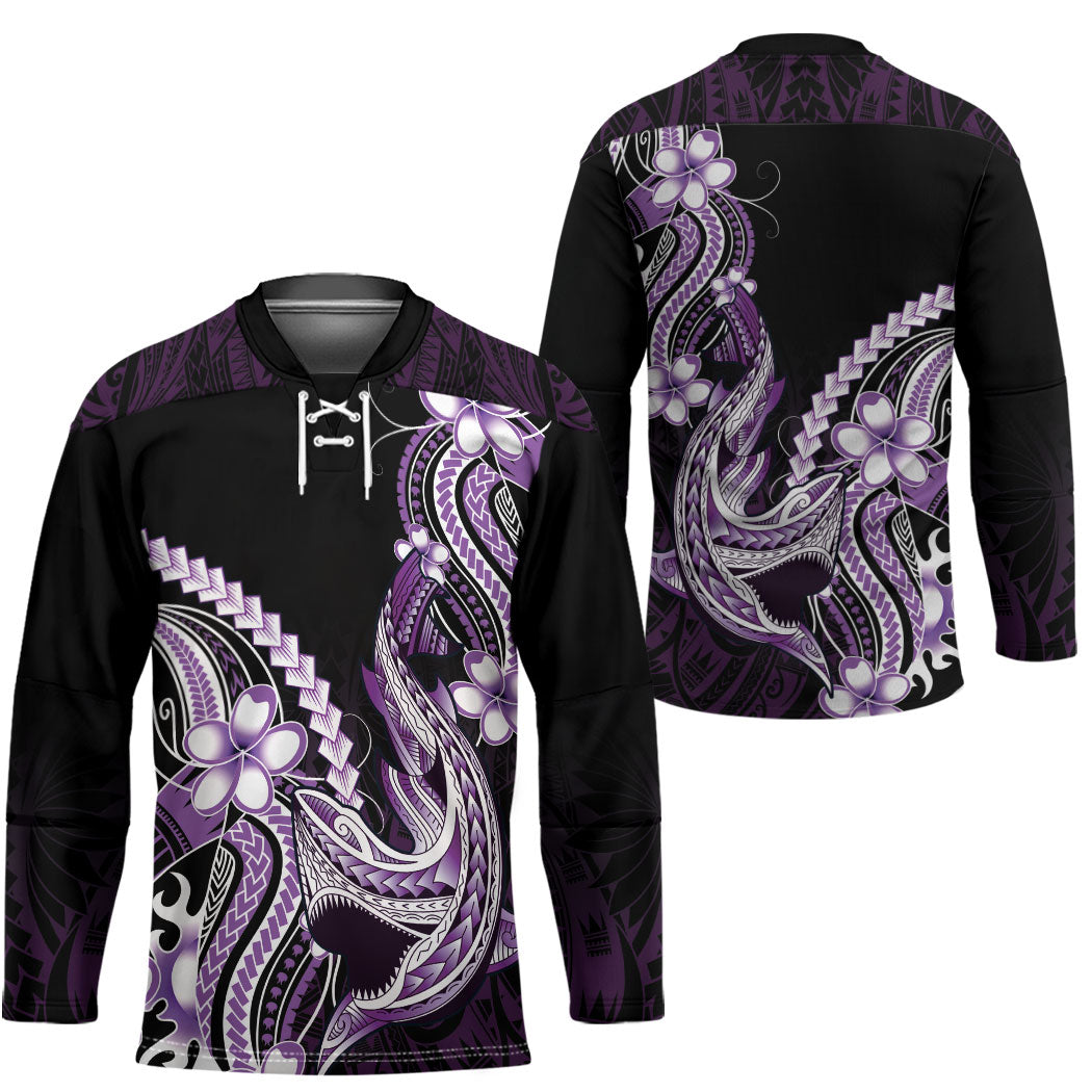 Purple Black Aloha Hawaii Hockey Jersey Polynesian Shark Tattoo Plumeria