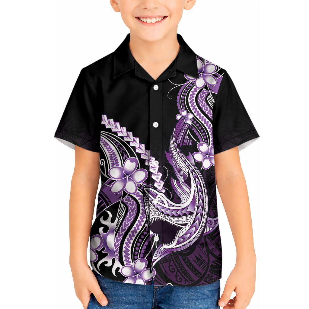 Purple Black Aloha Hawaii Kid Hawaiian Shirt Polynesian Shark Tattoo Plumeria LT14 Kid Purple - Polynesian Pride